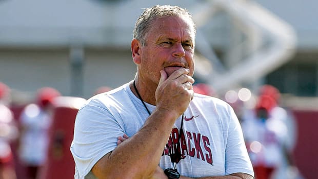 Razorbacks coach Sam Pittman during Friday morning's preseason practice on the outdoor fields.
